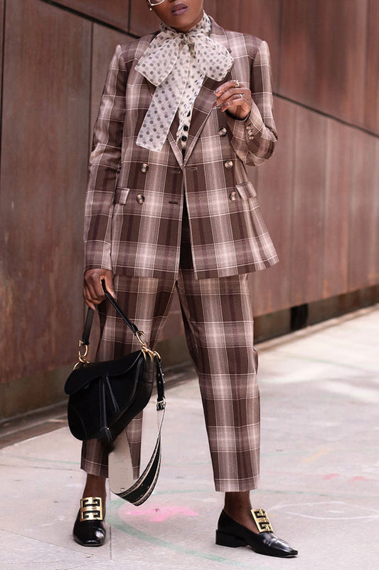 Stylish Plaid Double Breasted Blazer & Pants Set