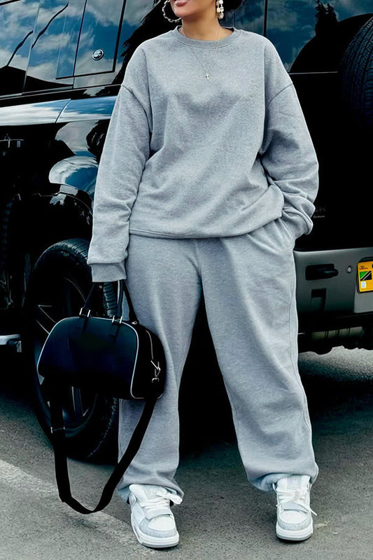 Leisure Solid Color Sweatshirt & Sweatpants Set