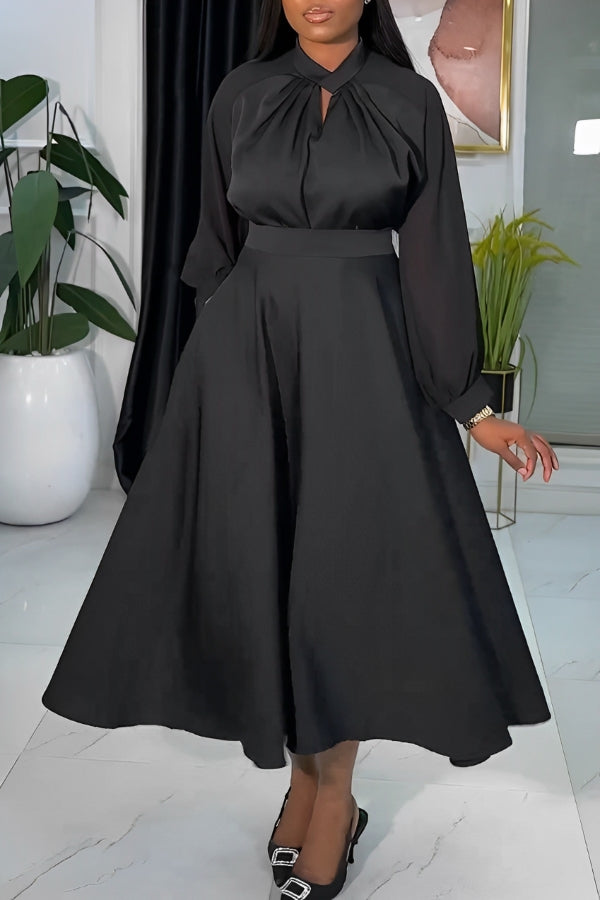 Stylish Lantern Sleeve Side Pocket Swing Dress