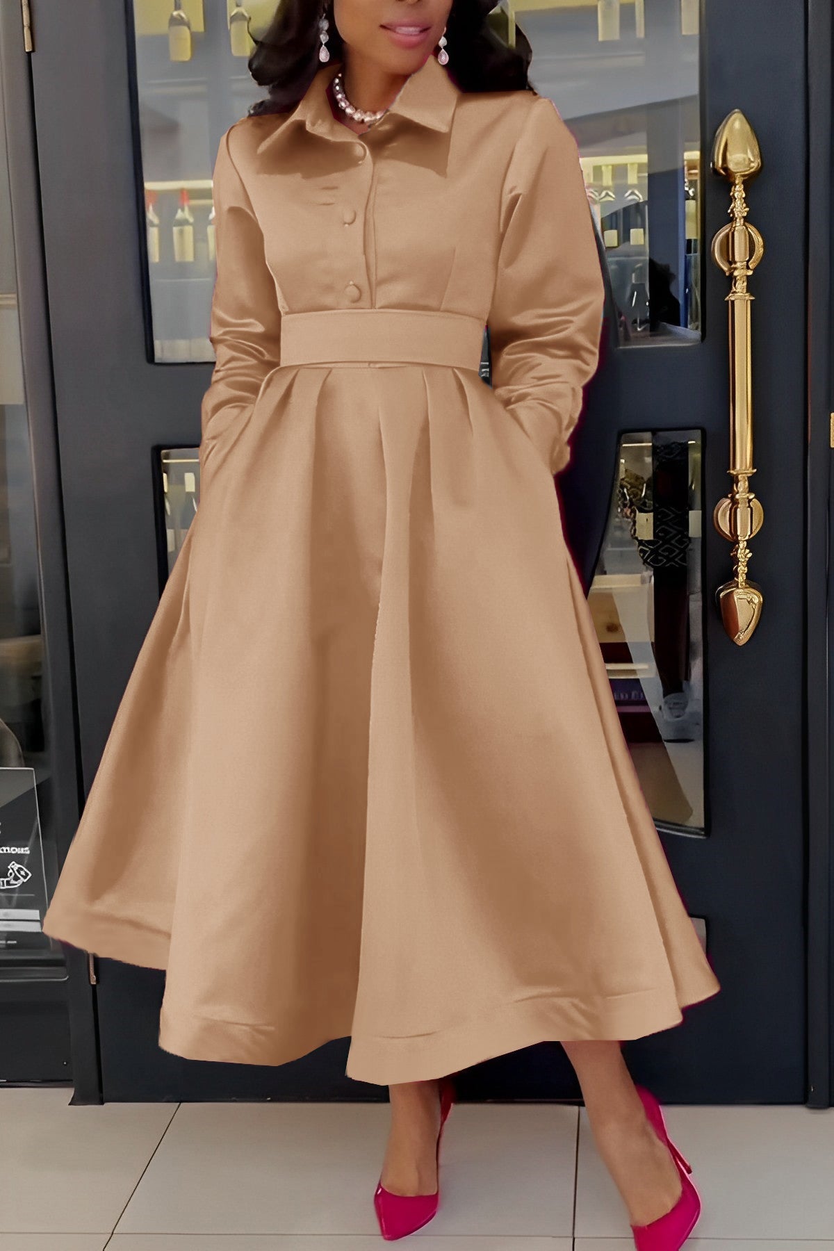 Gorgeous Solid Shirt Collar A-line Dress