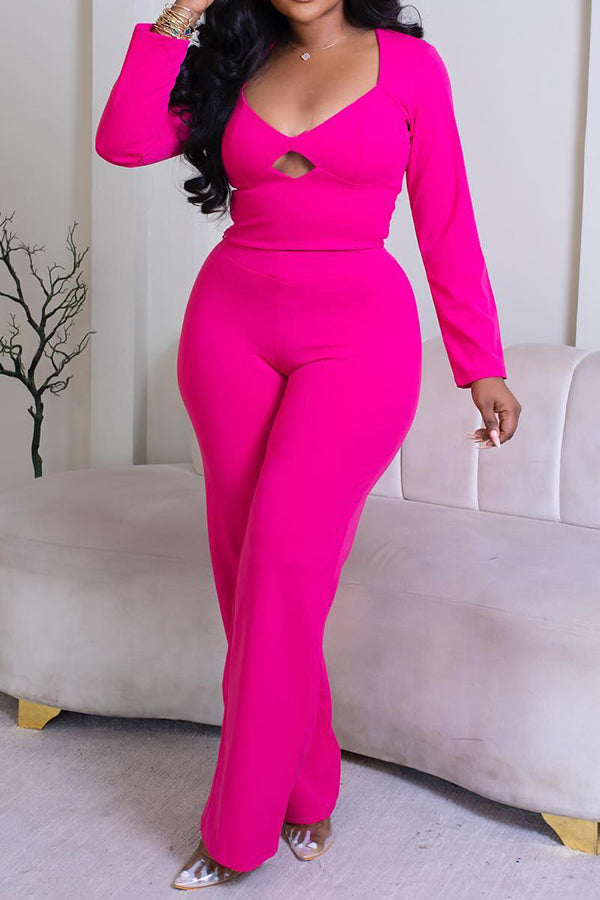 Low Cut Long Sleeve Straight Leg Jumpsuit