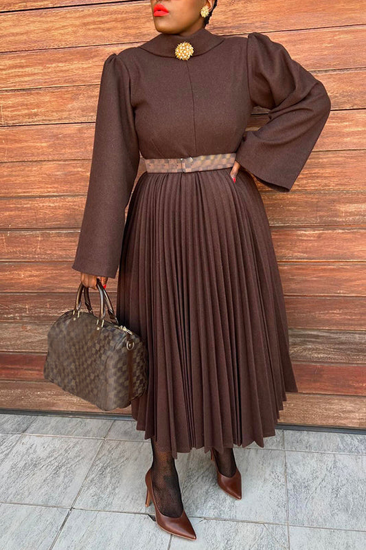 Elegant V-cut Back Long Sleeve Pleated Dress