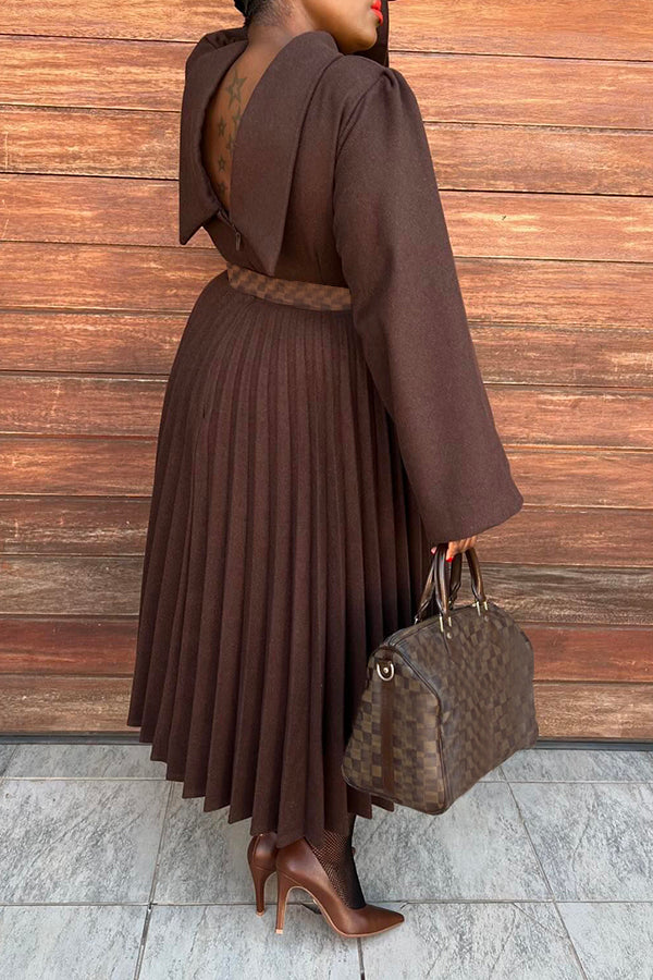 Elegant V-cut Back Long Sleeve Pleated Dress