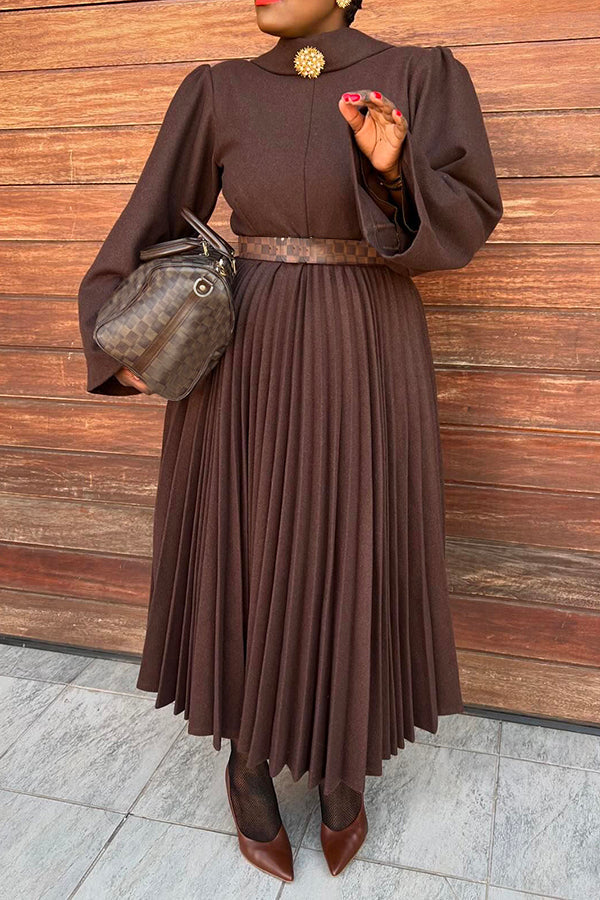 Elegant V-cut Back Long Sleeve Pleated Dress