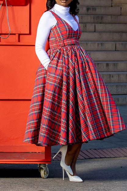 Vintage Plaid Sleeveless Side Pocket A-line Dress