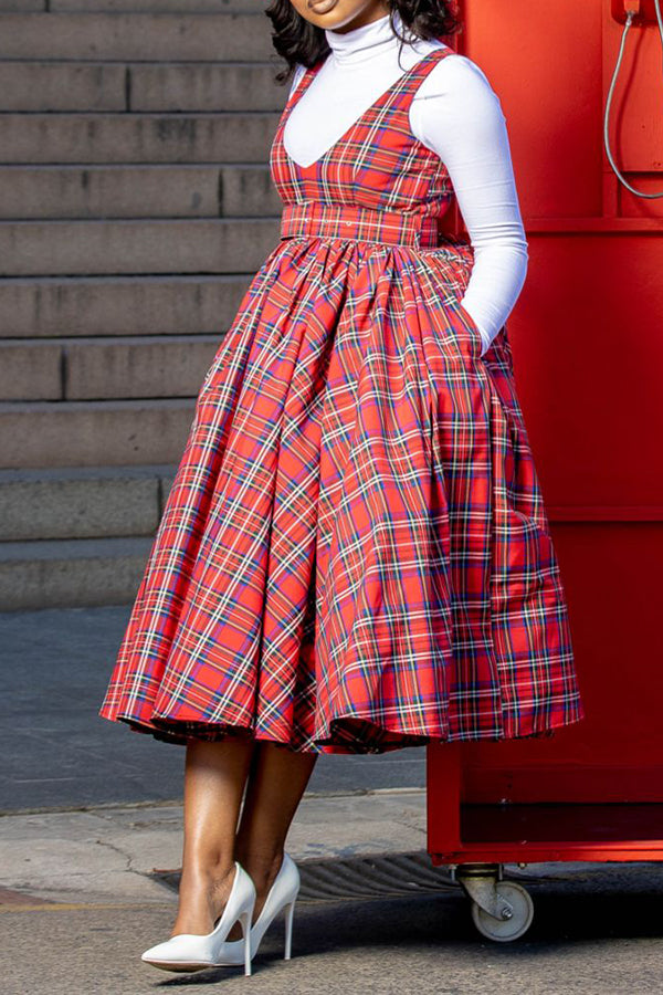 Vintage Plaid Sleeveless Side Pocket A-line Dress