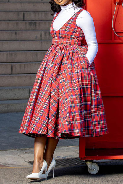 Vintage Plaid Sleeveless Side Pocket A-line Dress