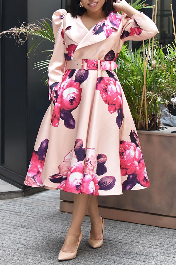 Gorgeous Lapel Neck Floral Print Belted Dress