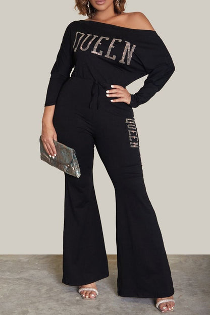 QUEEN Rhinestone Off Shoulder Flare Leg Jumpsuit