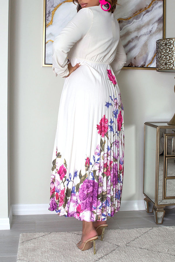 Graceful Tie Neck Floral Print Pleated Maxi Dress