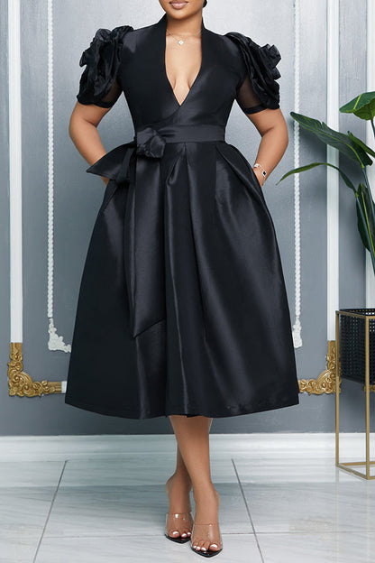 Flower Sleeve Belted A-line Evening Dress