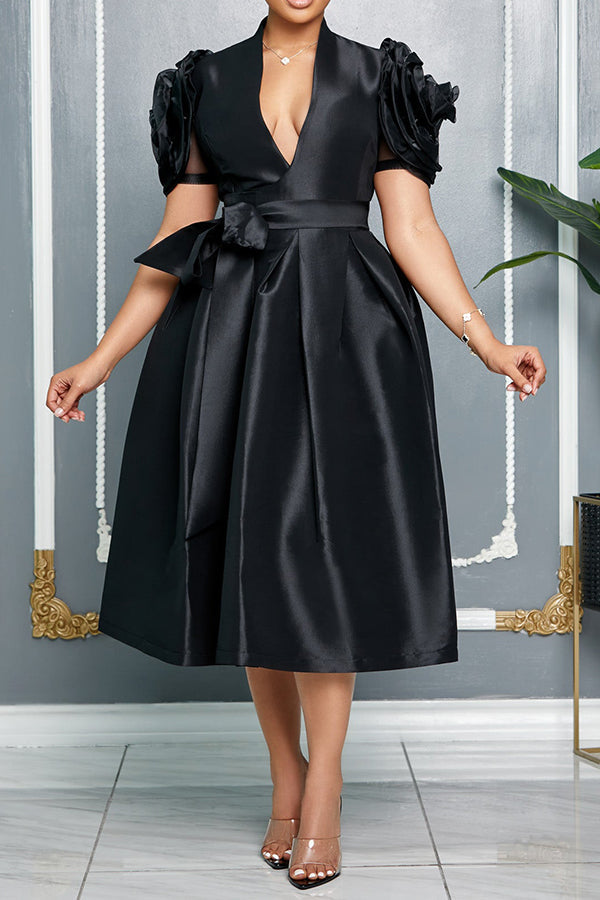 Flower Sleeve Belted A-line Evening Dress