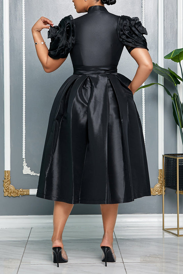 Flower Sleeve Belted A-line Evening Dress