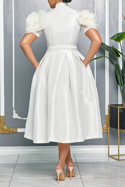 Flower Sleeve Belted A-line Evening Dress