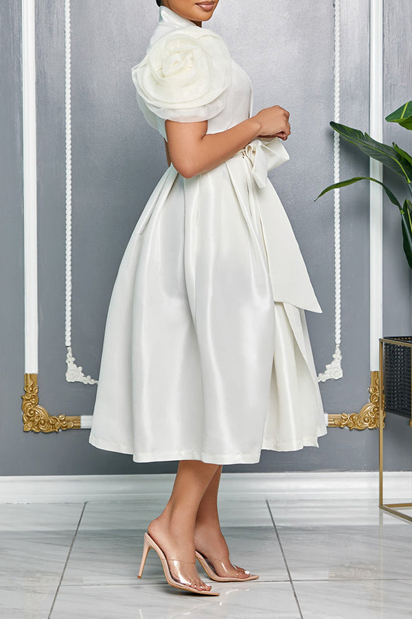 Flower Sleeve Belted A-line Evening Dress