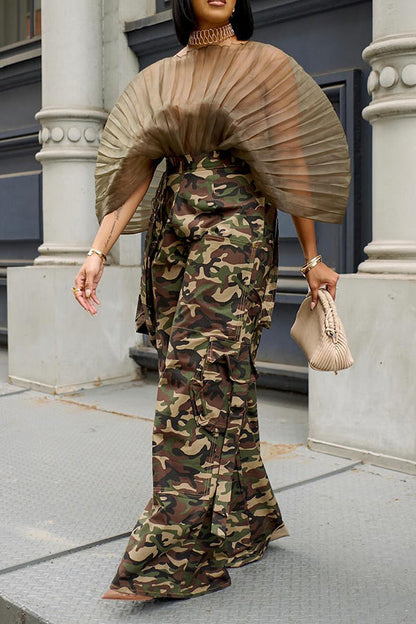 Camo Print High Waist Wide Leg Cargo Pants