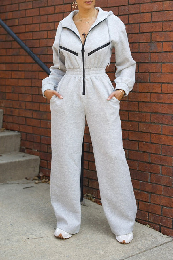 Casual Elastic Waist Zip Front Hooded Jumpsuit