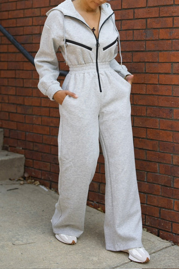 Casual Elastic Waist Zip Front Hooded Jumpsuit