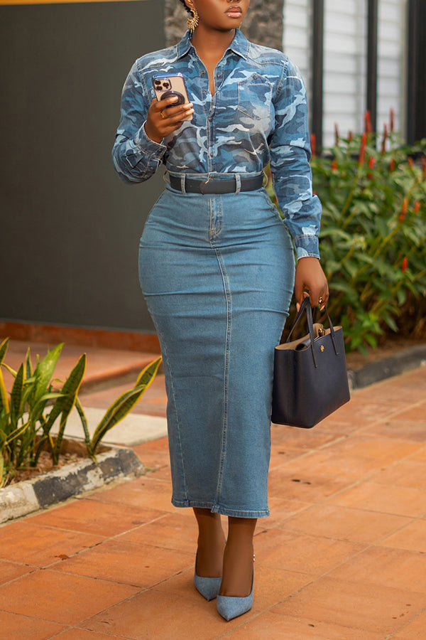 Stylish Camo Print Denim Shirt & Skirt Set