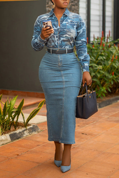 Stylish Camo Print Denim Shirt & Skirt Set