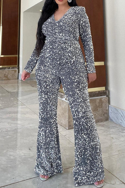 Sparkly Sequin V Neck Flared Jumpsuit