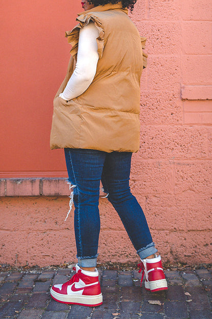 Ruffle Sleeve Snap Button Puffy Vest