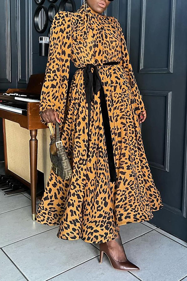 Chic Leopard Print Tie Neck Belted Maxi Dress