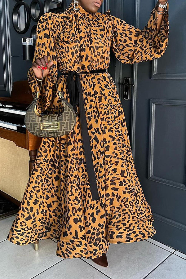 Chic Leopard Print Tie Neck Belted Maxi Dress