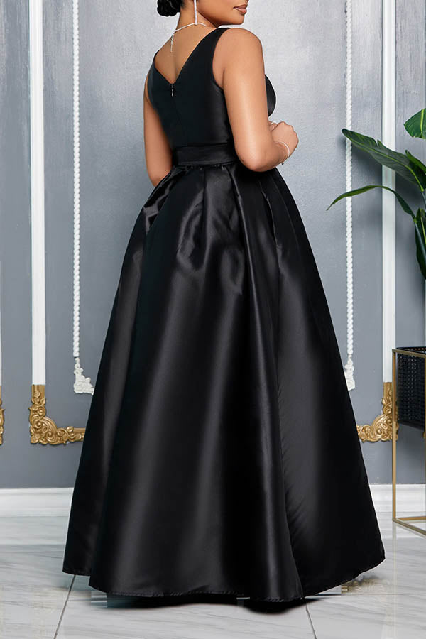 Elegant V Neck Front Slit Belted Maxi Dress