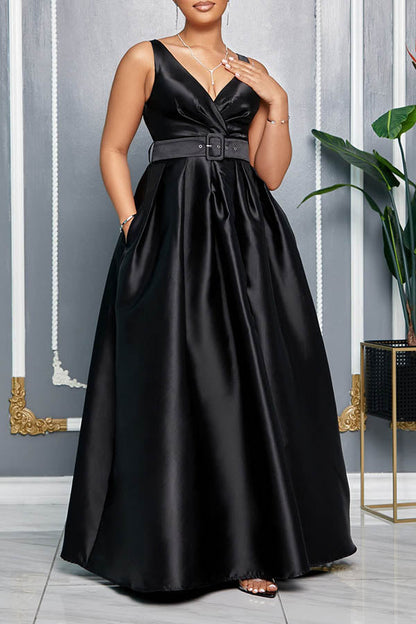 Elegant V Neck Front Slit Belted Maxi Dress