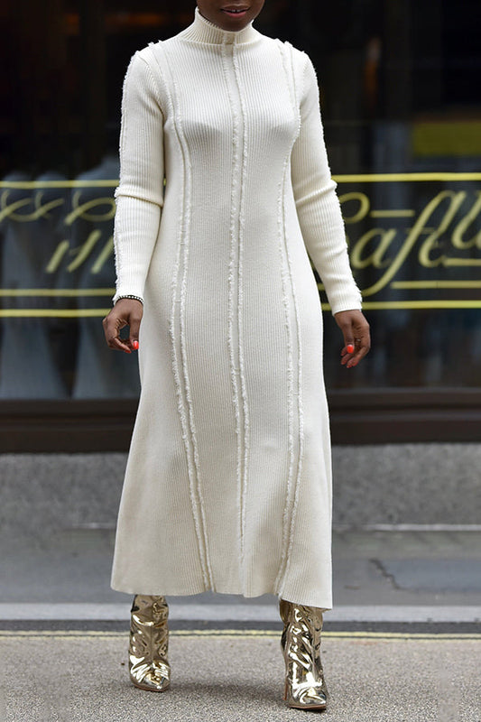 Cozy High Neck Raw Trim Sweater Dress