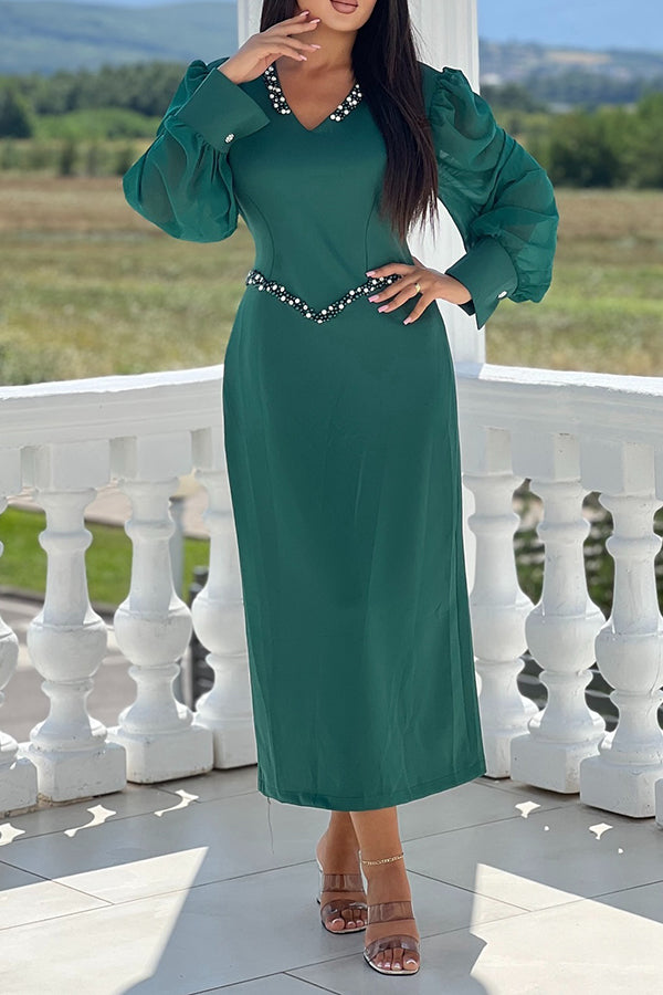 Elegant V-Neck Mesh Midi Dress