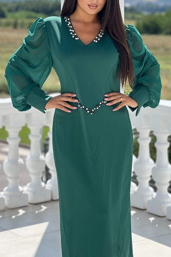 Elegant V-Neck Mesh Midi Dress