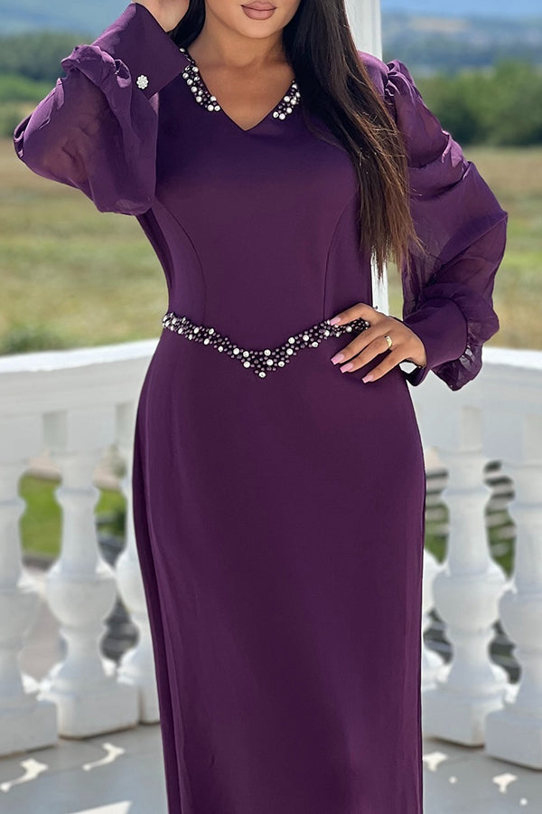 Elegant V-Neck Mesh Midi Dress