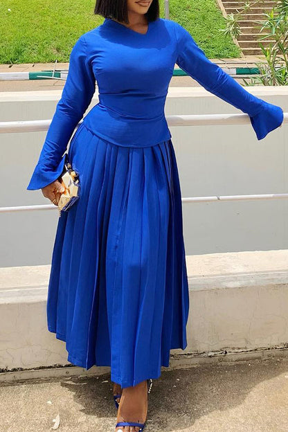 Chic Asymmetrical Neck Bell Sleeve Pleated Dress