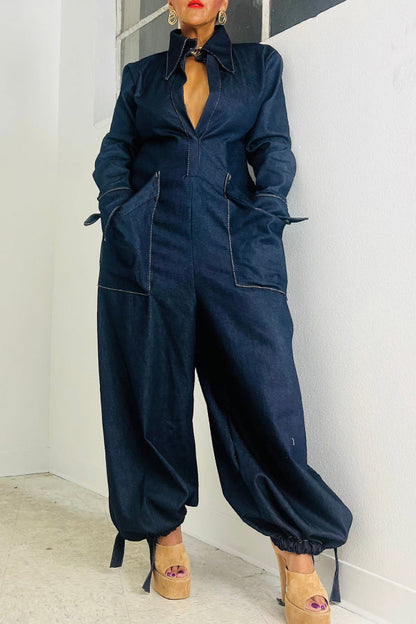 Stylish Low Plunging Neckline Oversized Pockets Jumpsuit