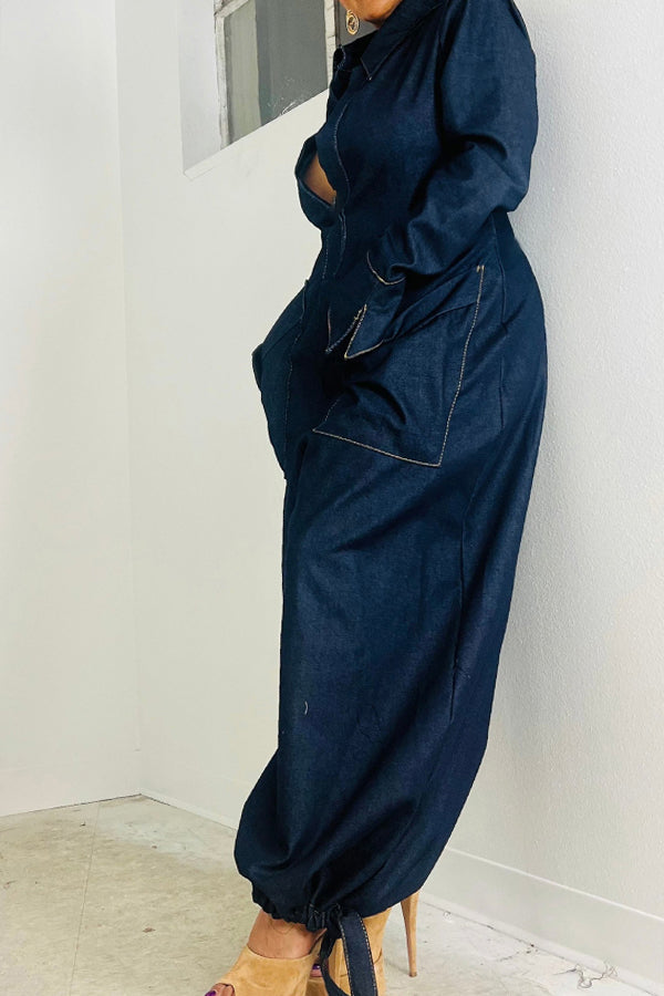 Stylish Low Plunging Neckline Oversized Pockets Jumpsuit