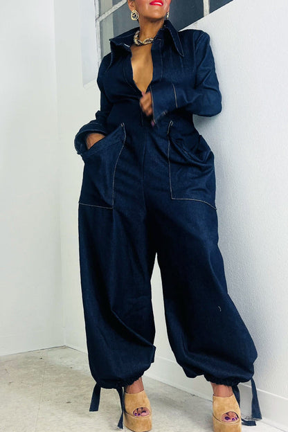 Stylish Low Plunging Neckline Oversized Pockets Jumpsuit