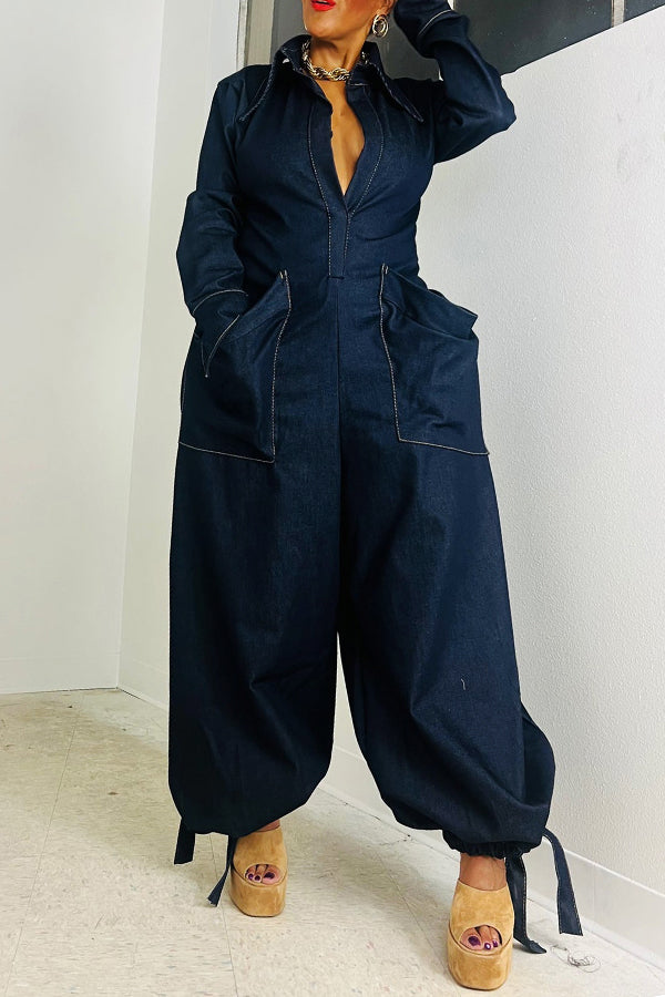 Stylish Low Plunging Neckline Oversized Pockets Jumpsuit