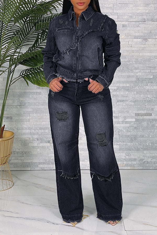 Stylish Frayed Zipper Through Denim Jacket