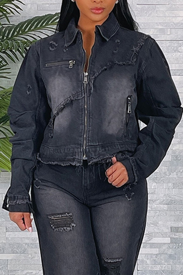 Stylish Frayed Zipper Through Denim Jacket