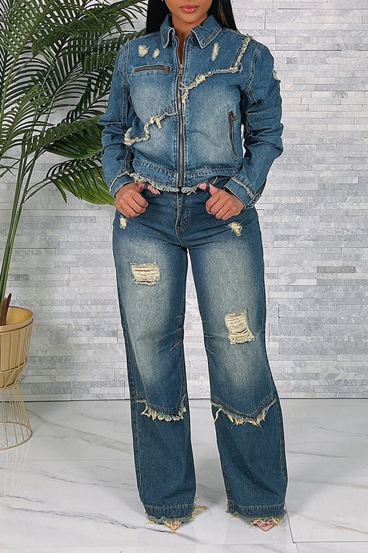 Stylische Jeansjacke mit ausgefranstem Reißverschluss