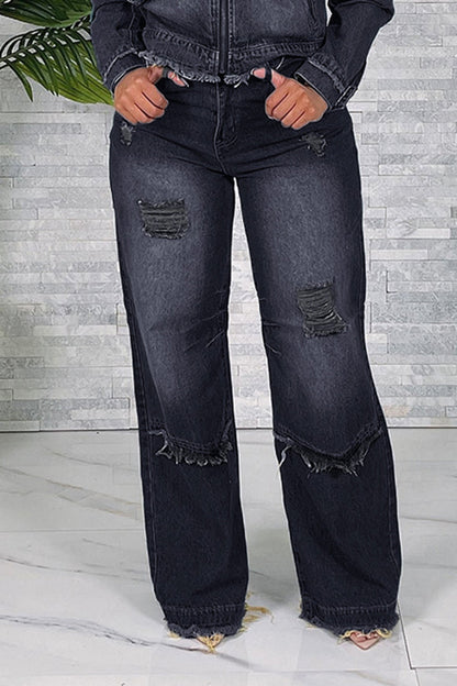 Distressed Ripped Frayed Straight Leg Jeans