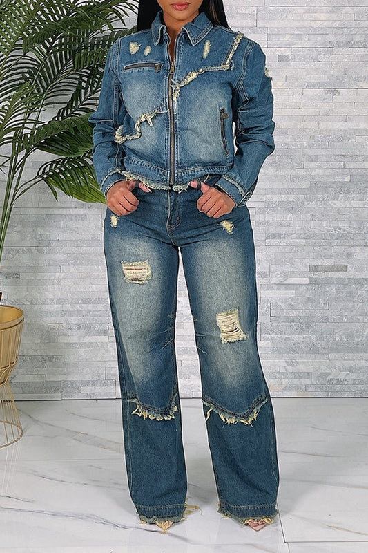 Distressed Ripped Frynsete Straight Leg Jeans