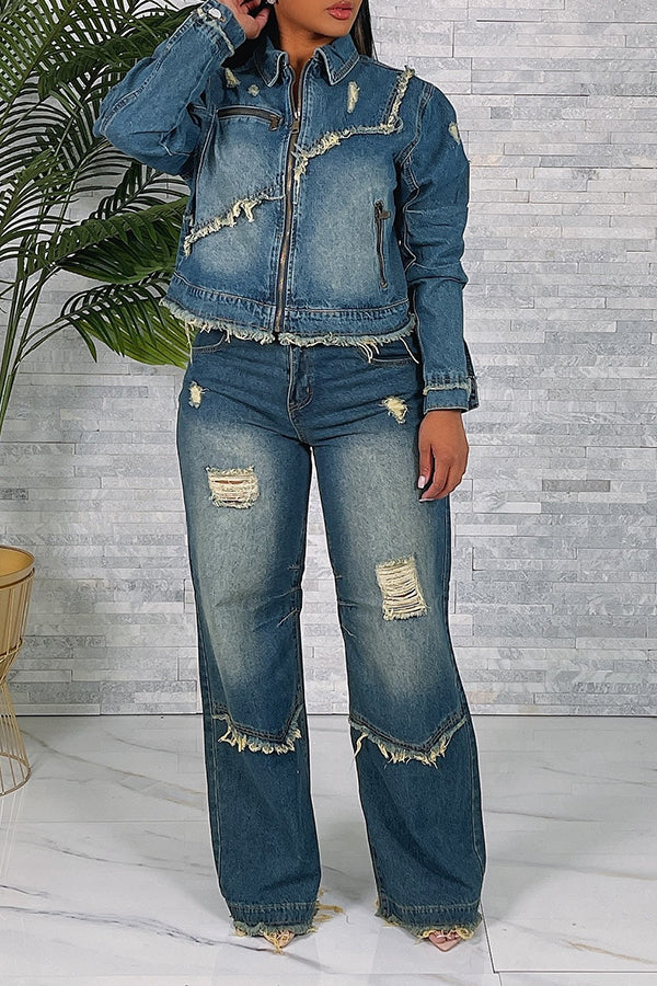 Distressed Ripped Frayed Straight Leg Jeans