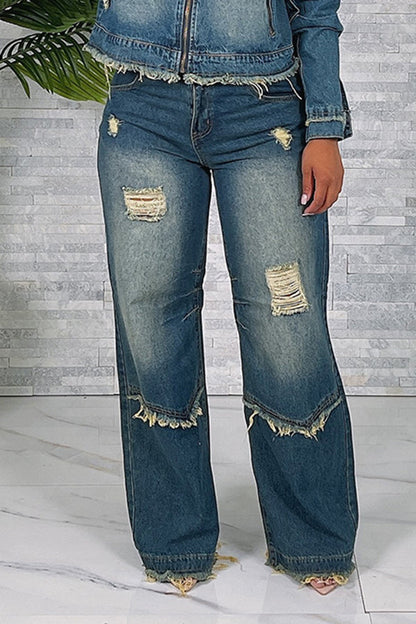 Distressed Ripped Frayed Straight Leg Jeans