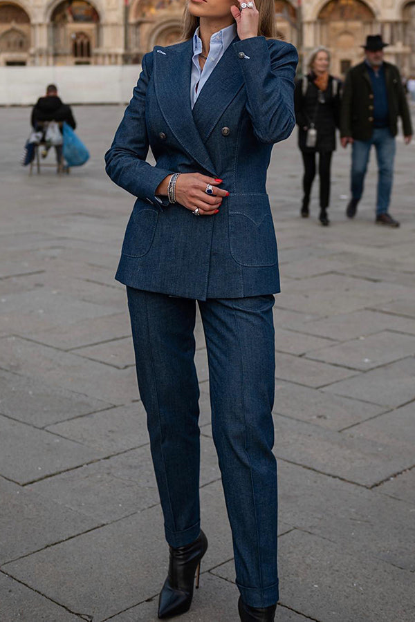 Stylish Denim Peak Collar Blazer & Pants Set