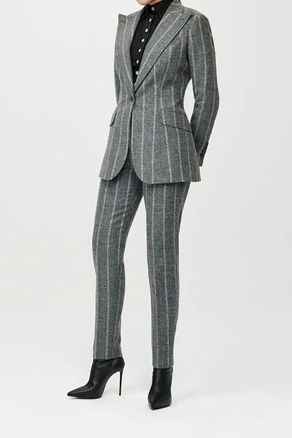 Chic Striped Pointed Lapel Blazer & Pants Set