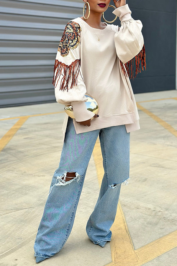 Stunning Embroidered Sequined Fringe Trim Sweatshirt