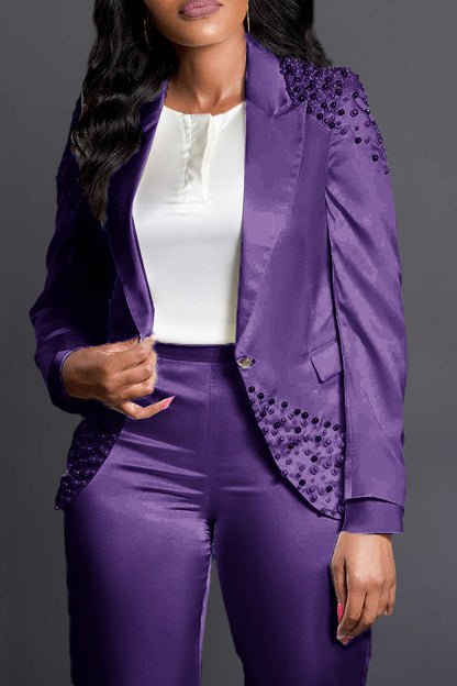 Stylish Peak Lapel Pearl Long Sleeve Blazer& Pants Set